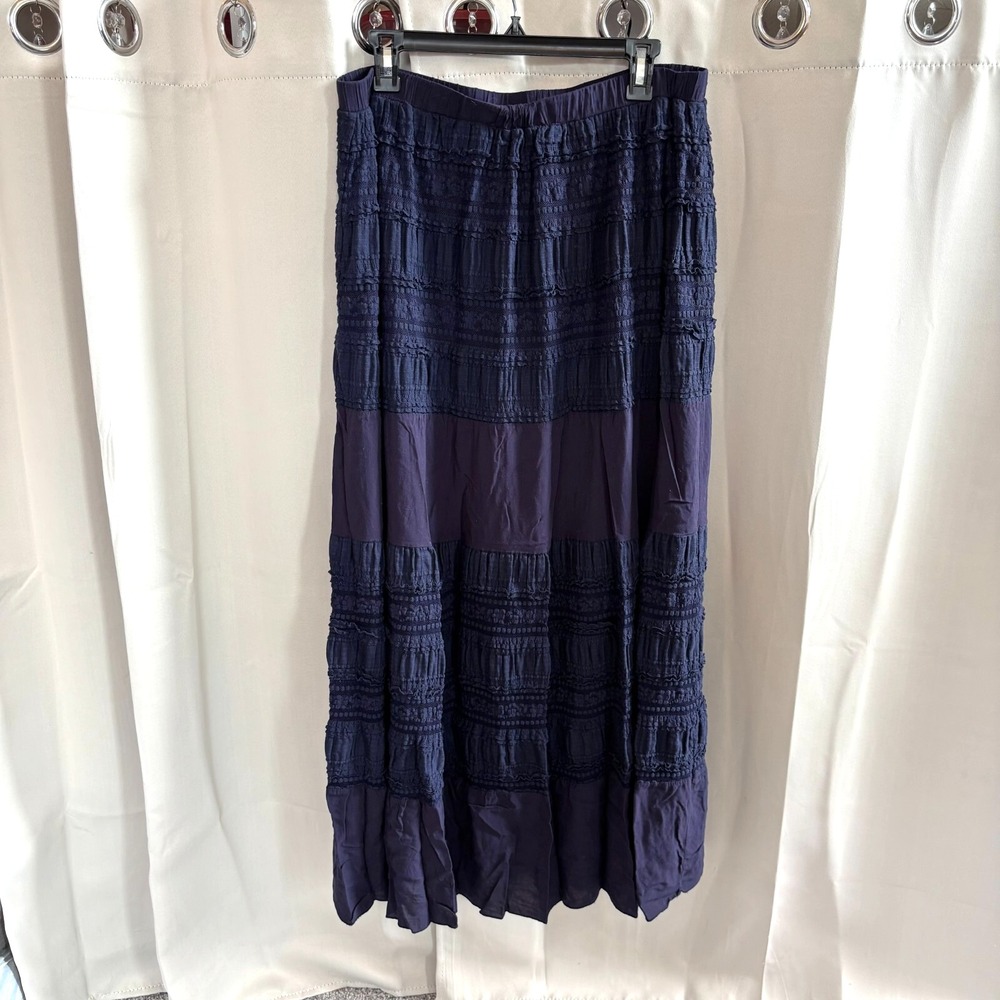Indigo Soul Midi Skirt Size L Blue Lace Tiered Pockets Festival Boho Chic 17798x